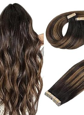 DOORES Human Hair Extensions Tape in， Balayage Dark Brown