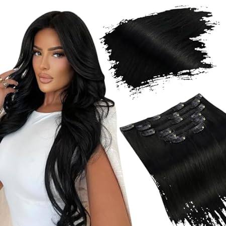 Ugeat Clip in Hair Extensions Human Hair Jet Black Natura