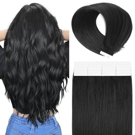 Jet Black Tape in Hair Extensions Human Hair Natural Stra