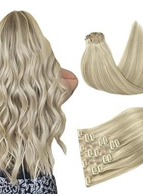 DOORES Hair Extensions Human Hair， Ash Blonde Highlighted