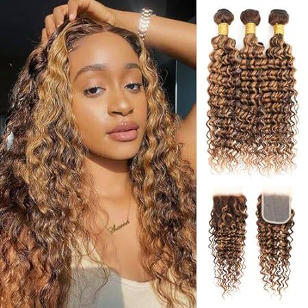 Honey Blonde Highlight Brazilian Deep Wave Human Hair Bun
