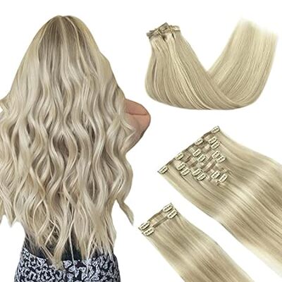 DOORES Clip in Hair Extensions Real Human Hair， Ash Blond
