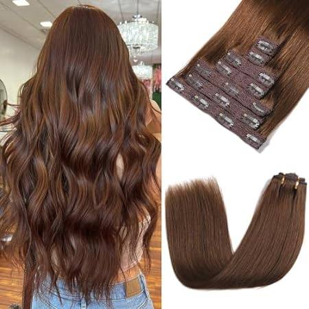 Clip in Hair Extensions Real Human Hair， Chocolate Brown