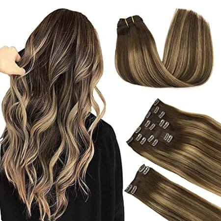 DOORES Human Hair Clip in Extensions， Balayage Chocolate