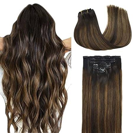 DOORES Human Hair Clip in Extensions Balayage Dark Brown