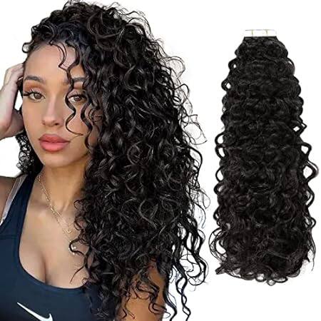 Lacerhair Black Curly Tape in Hair Extensions Human Hair