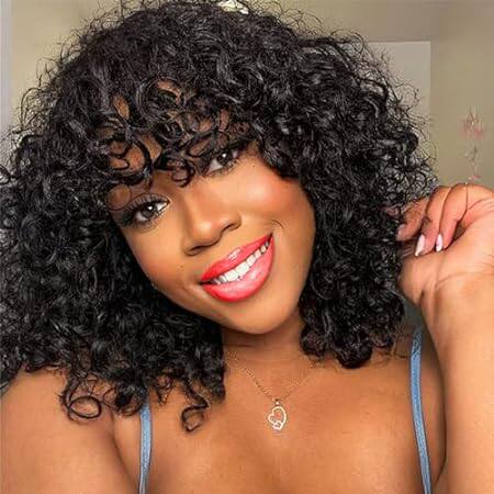 KESEN Short Curly Wig with Bangs 12 inch Curly Wave Human
