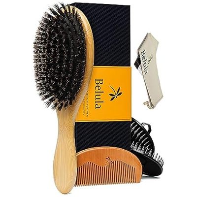 Belula 100% Boar Bristle Hair Brush for Men Set. Soft Hai