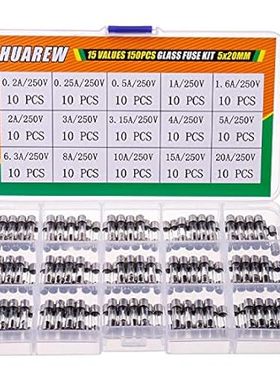 HUAREW 15 Values 150 Pcs 5x20 mm Fast Blow Glass Fuses 0.
