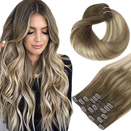 HOTBANANA Human Hair Clip in Hair Extensions， Ombre Walnu