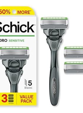 Schick Hydro Sensitive Razor， 1 Razor Handle and 3 Cartri