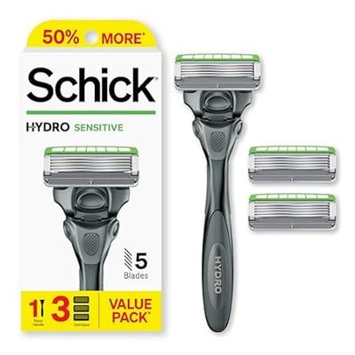 Schick Hydro Sensitive Razor， 1 Razor Handle and 3 Cartri