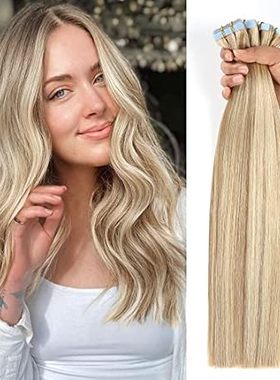 Tape in Hair Extensions Human Hair Ash Blonde Highlighted