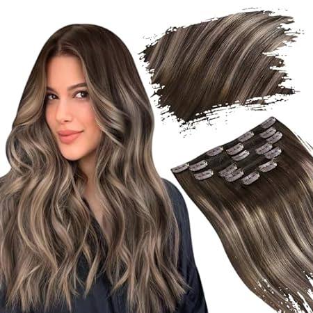 Ugeat Clip in Hair Extensions Human Hair Balayage Dark Br
