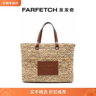 Armani阿玛尼女士标贴拉菲草编织手提包FARFETCH发发奇 Emporio