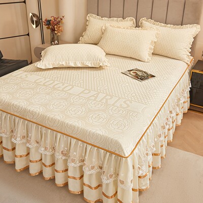 牛奶绒床裙单件冬季加绒床罩法兰珊瑚绒床笠蕾丝床单带裙边床裙罩