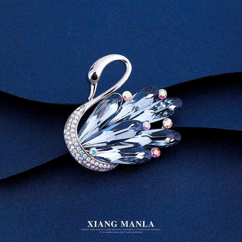 轻奢高档镶锆蓝色水晶天鹅胸针气质时尚配饰女大衣西装胸花别针