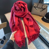 法国Cansay Kaer红红火火 加厚山羊绒围巾女双面双色字母流苏披肩
