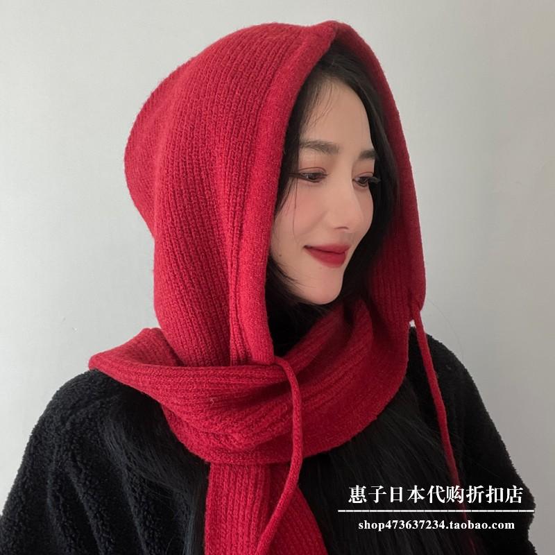 日本连帽围巾一体帽子女款保暖针织披肩红色围脖2025新款秋冬季