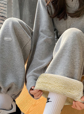 加绒灰色运动裤女秋冬宽松直筒垂感阔腿裤加厚百搭束脚休闲卫裤潮