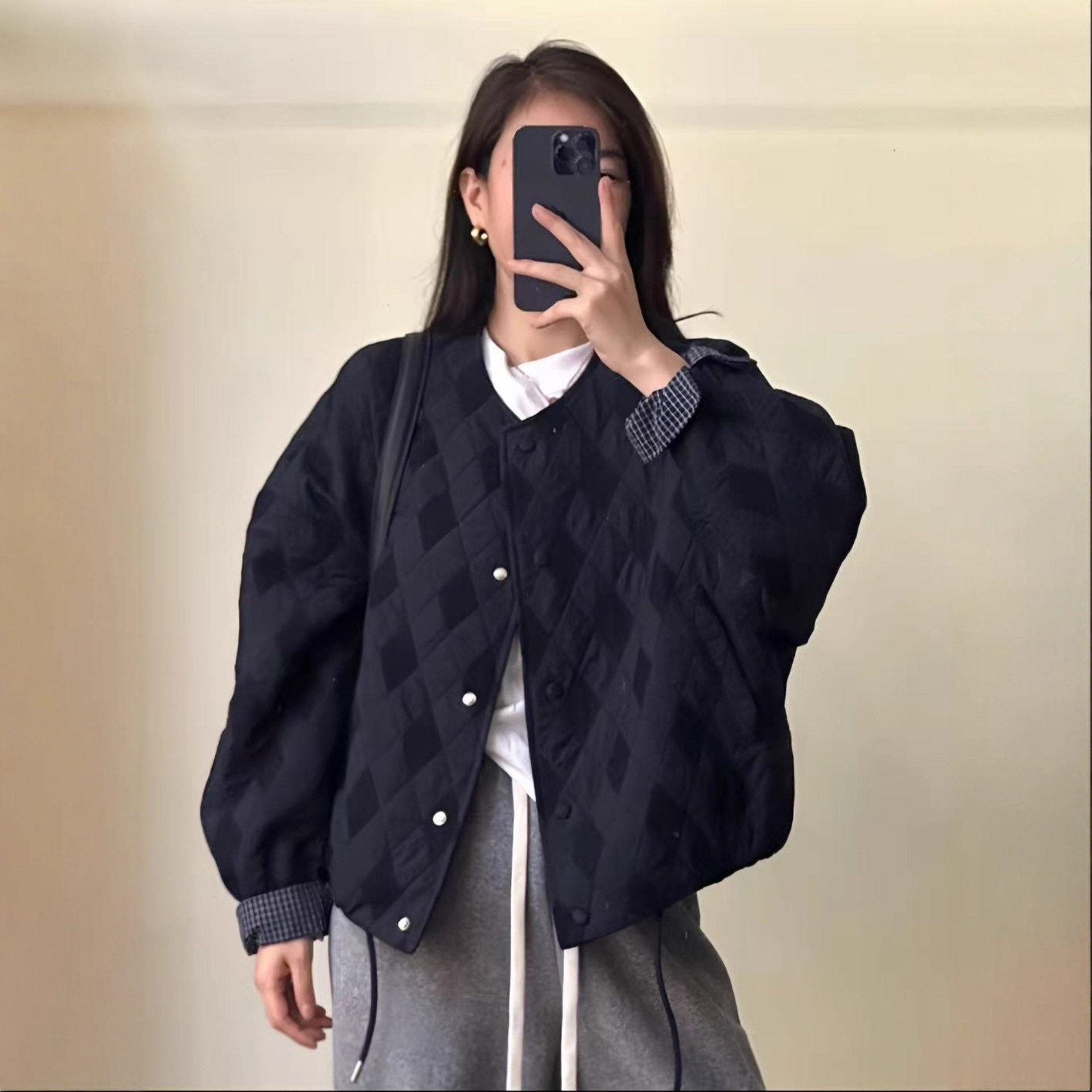 短款圆领轻薄菱格纹棉服外套女2025秋冬新款宽松夹棉百搭夹克上衣