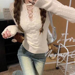 紧身百搭复古设计感收腰显瘦打底毛衣女修身内搭针织叠穿上衣冬季