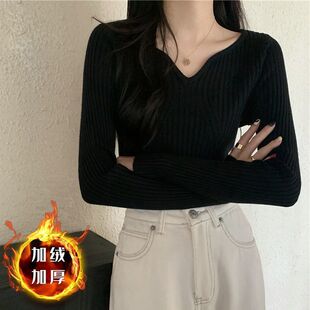 黑色加绒加厚毛衣打底衫女秋冬季新款紧身内搭v领长袖针织衫上衣