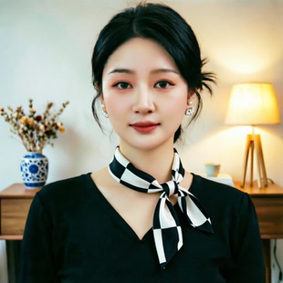 黑白格子丝巾女长条形职场通勤装饰领巾气质百搭围巾