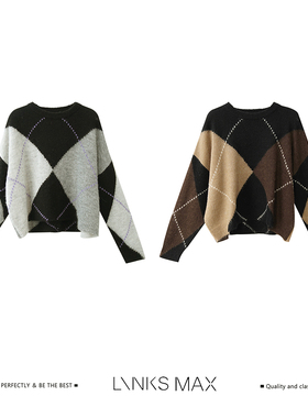 LINKS MAX【钱老板专属】雅丹风绵羊毛羊驼慵懒感菱格针织衫47005