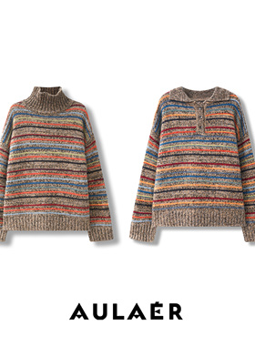 AULAER/澳拉尔老钱风DU家定染花纱撞色条纹高领针织衫ALE041623