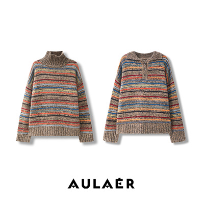 AULAER/澳拉尔老钱风DU家定染花纱撞色条纹高领针织衫ALE041623