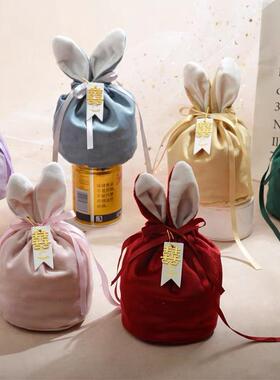 兔耳朵丝绒喜糖袋结婚回礼糖果盒伴手礼布袋圣诞平安果袋ins风