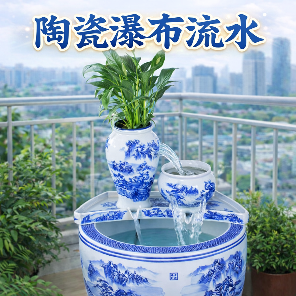 景德镇流水摆件循环水古法生态鱼缸瀑布造景陶瓷陶罐生财养鱼过滤