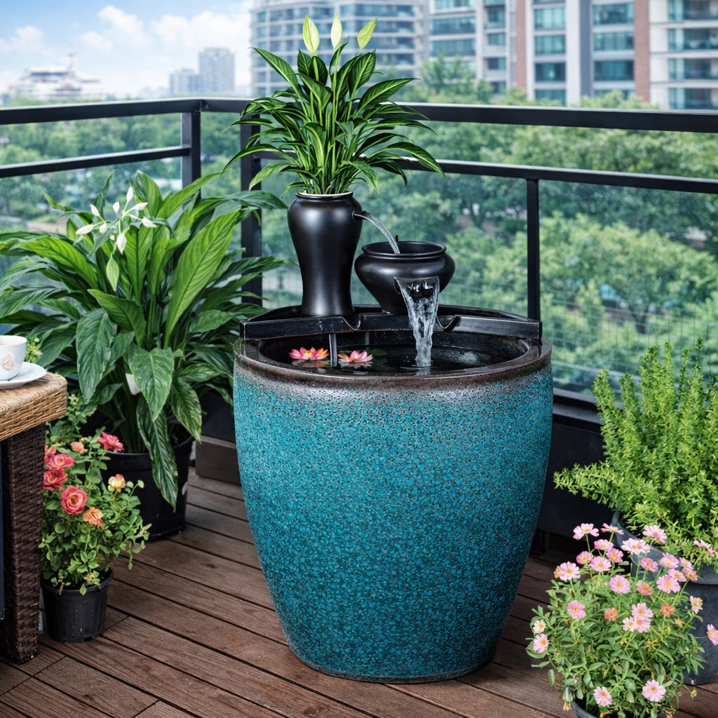 加高陶瓷大缸古法养鱼缸客厅阳台金鱼缸陶罐循环流水造景老式水缸