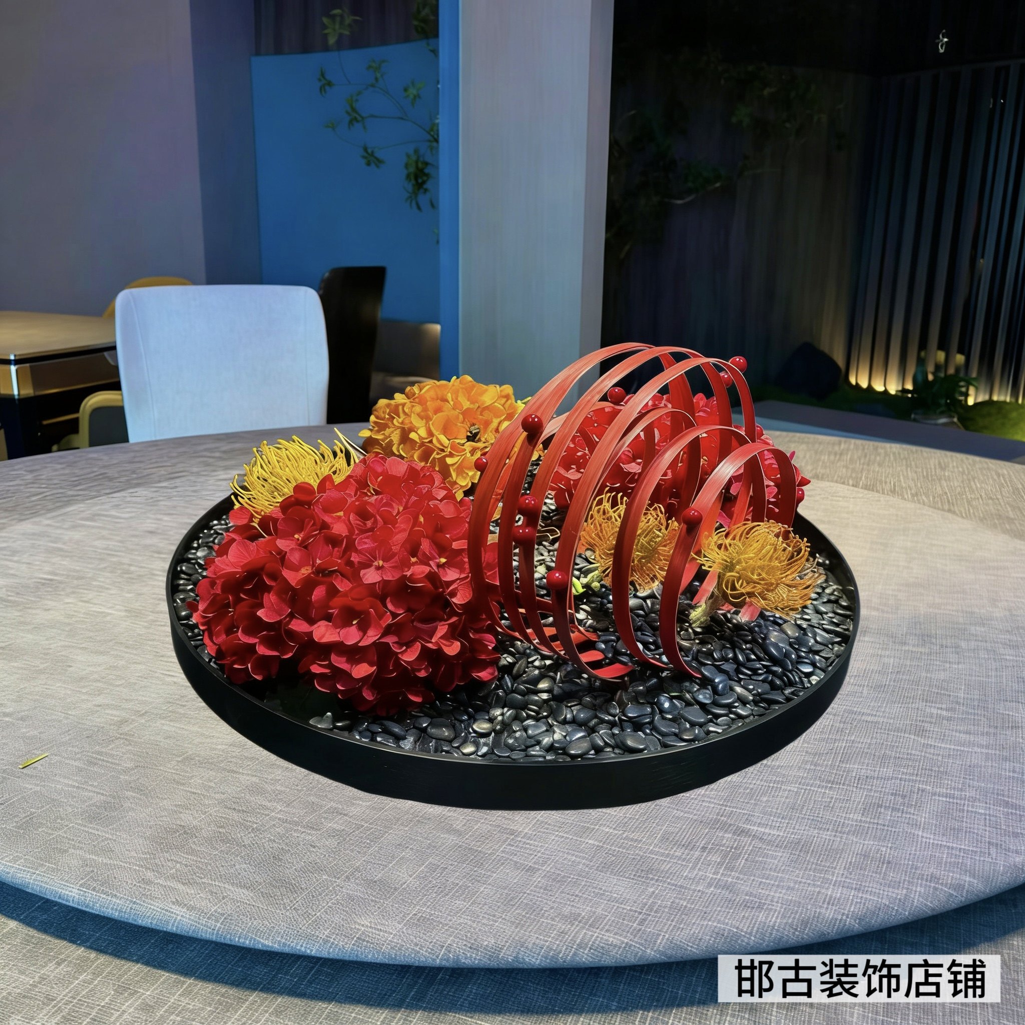 餐桌中间摆件红色花艺桌花摆花圆桌转盘装饰创意景观桌花轻奢高级,家居饰品,餐桌花艺,淘宝优惠券,粉丝福利购,淘宝优惠卷