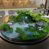 酒店餐桌转盘中间摆花喷雾雾化流水景观饭店大圆桌桌芯摆件盆景