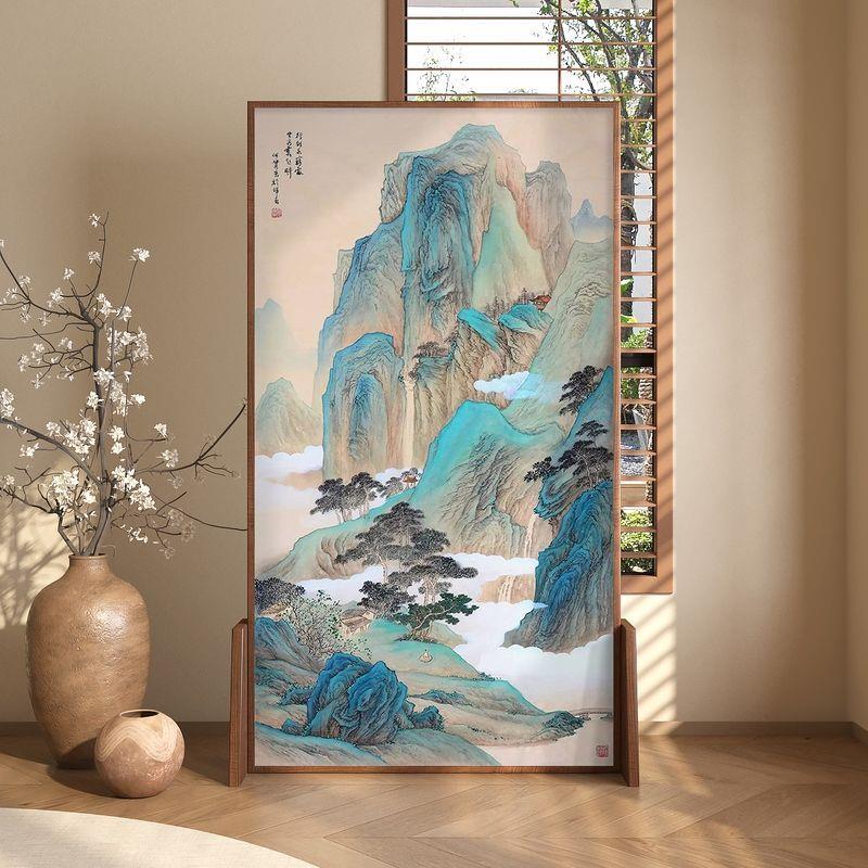 新中式山水屏风隔断客厅入户家用布艺酒店办公室卧室遮挡移动座屏