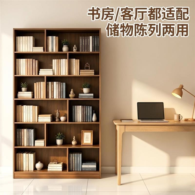 加厚实木落地书架客厅靠墙一体书柜家用阳台大容量储物收纳置物架图片
