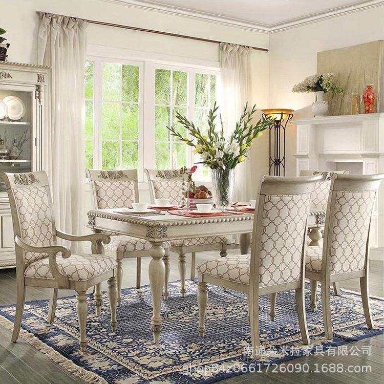 出口美式乡村雕花餐桌椅组合复古做旧白色酒柜客厅展示柜