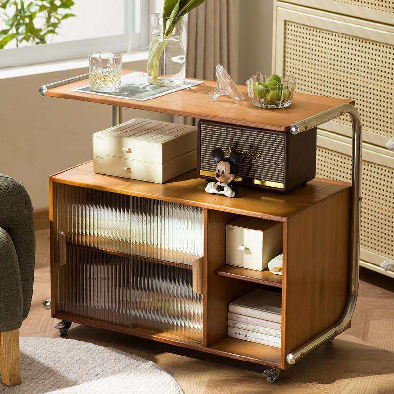 可移动沙发边几边柜中古风玻璃门床头侧边柜小茶几小推车简约现代