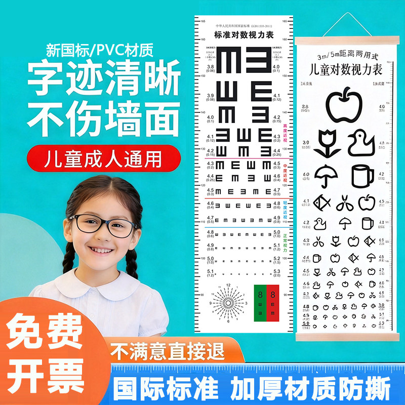 视力表国际标准家用儿童测试眼睛3米5米对数E字验光实木框挂图画