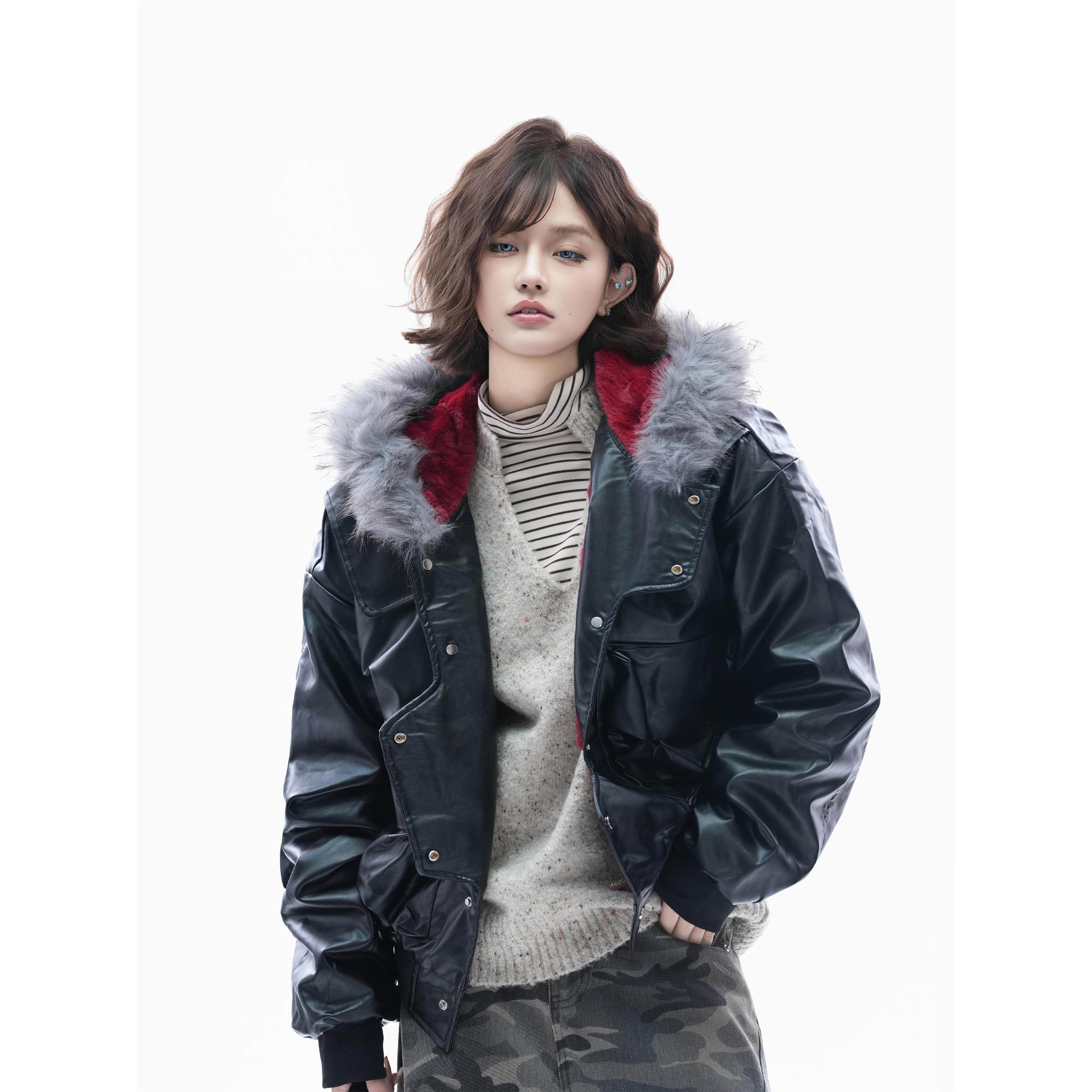 Small球球 美式工装pu皮衣撞色毛领连帽棉服外套女情侣宽松上衣潮,个性定制/设计服务/DIY,棉服工装,淘宝优惠券,粉丝福利购,淘宝优惠卷