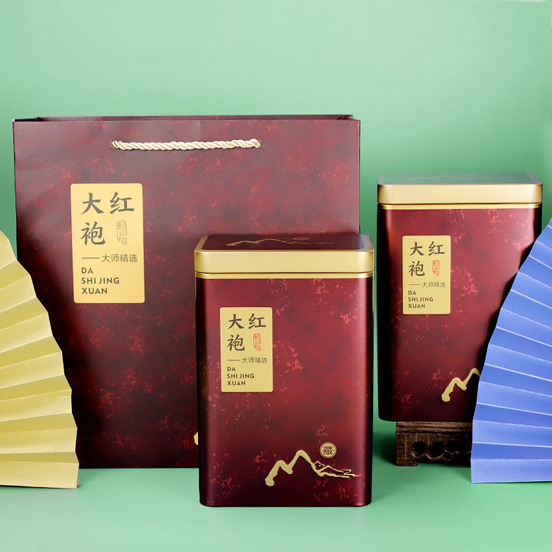 复古一斤装大红袍茶叶罐套装v 茶叶密封铁罐包装储物罐礼品盒 定