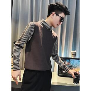 假两件针织衫男士秋冬毛衣衬衫两件套加绒加厚痞帅休闲打底衫内搭