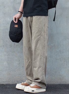 2025秋冬款加绒工装休闲裤男美式复古水洗纯棉宽松阔腿直筒长裤子