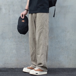 2025秋冬款加绒工装休闲裤男美式复古水洗纯棉宽松阔腿直筒长裤子