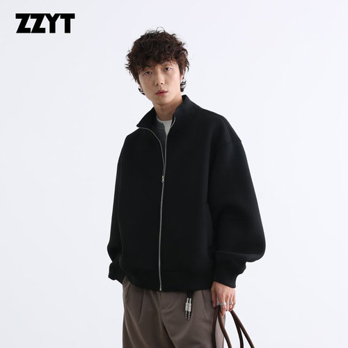 ZZYT美式复古潮牌立领开衫夹克男女简约纯色运动短款外套