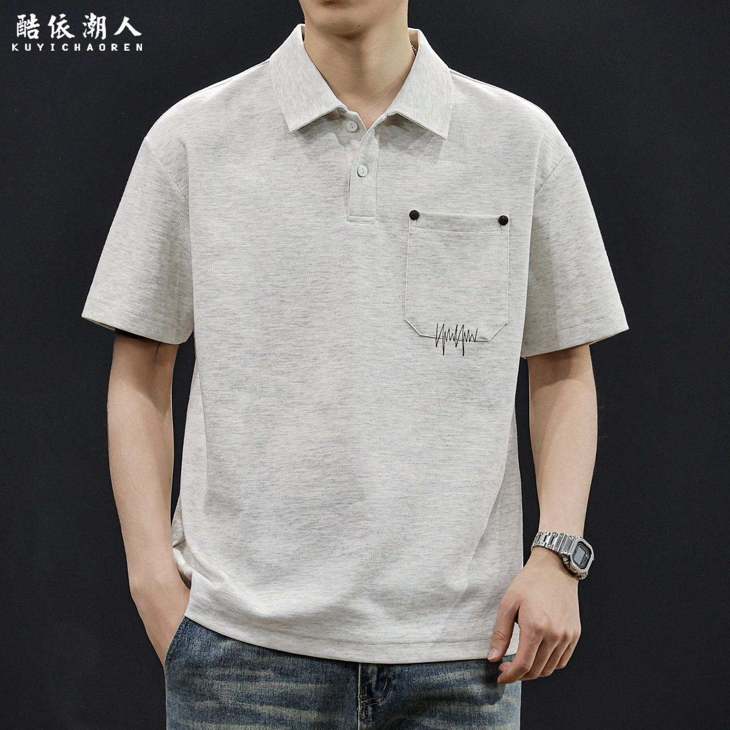 夏季2026新款透气翻领POLO衫男士短袖T恤口袋刺绣极简休闲大码潮