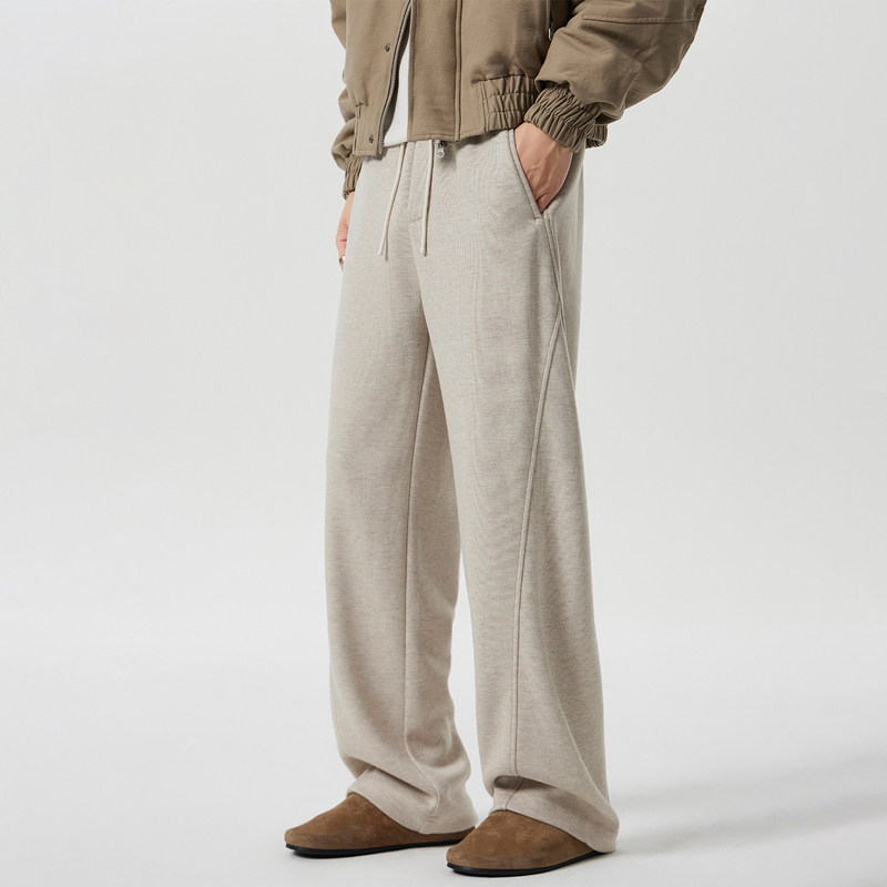 Kuvine秋冬季慵懒极简风羊毛针织卫裤男款宽松直筒老钱风休闲长裤