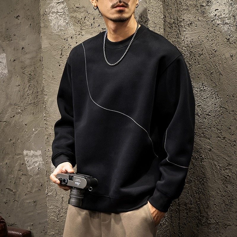 无帽圆领卫衣男秋冬重磅长袖T恤2025新款美式潮牌加厚拼接打底衫